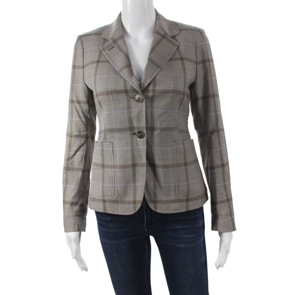 Sharis Women Basic Plaid Wool Jacket Button Long Sleeve Size 38